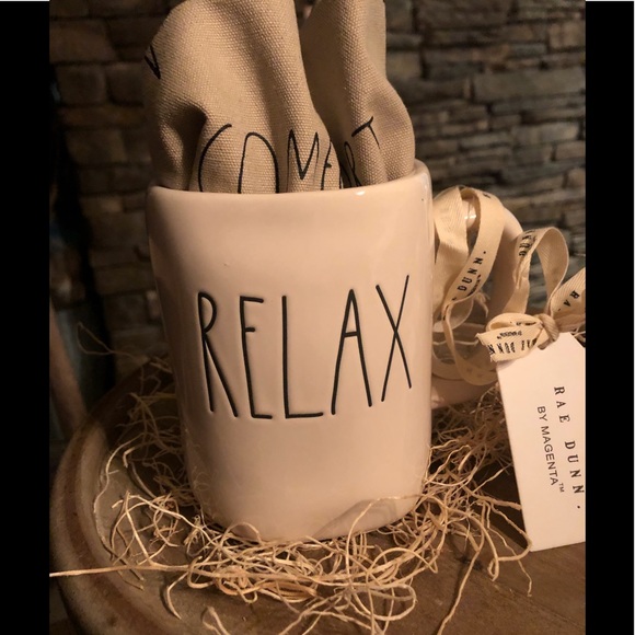 Rae Dunn Tea Towel & RELAX MUG Set - Picture 1 of 4